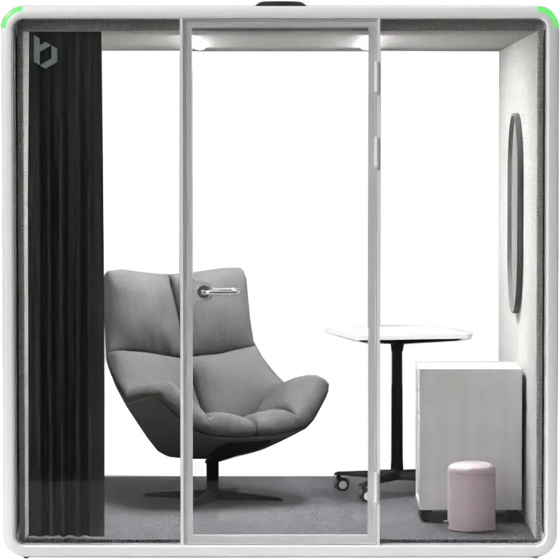 Bureau nursing and lactation pod, front-elevation render showing the lounge chair, table, mirror and privacy curtain