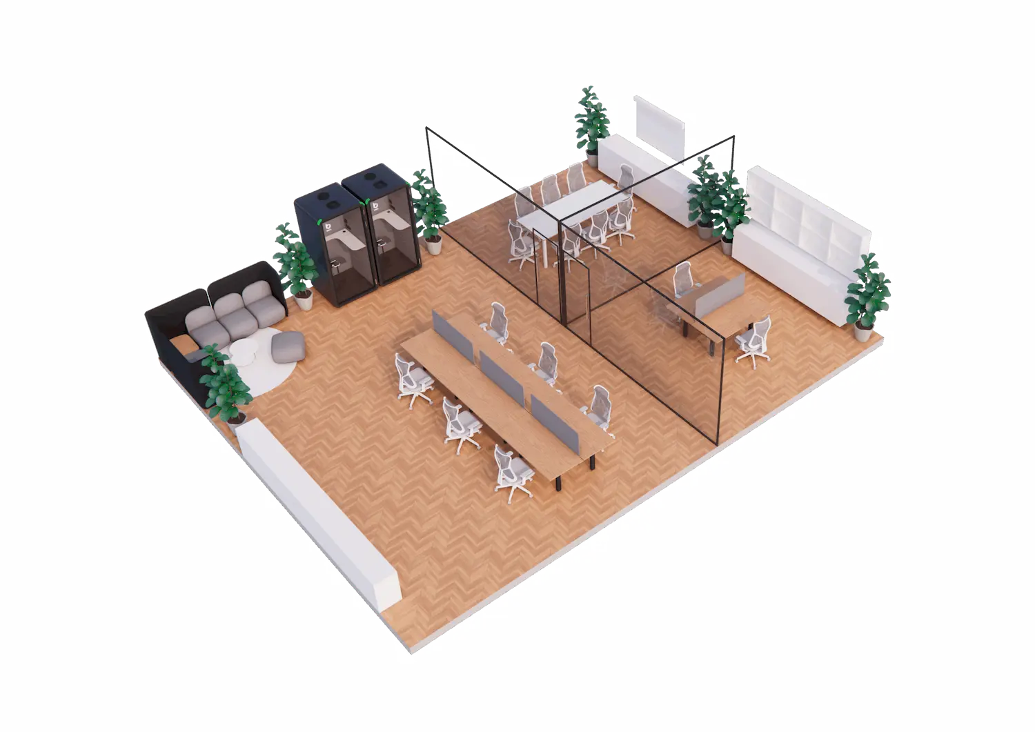 3D render of the same open-plan office layout from a different angle, showing shared workstations, meeting area, lounge seating, storage cabinets, and indoor plants.