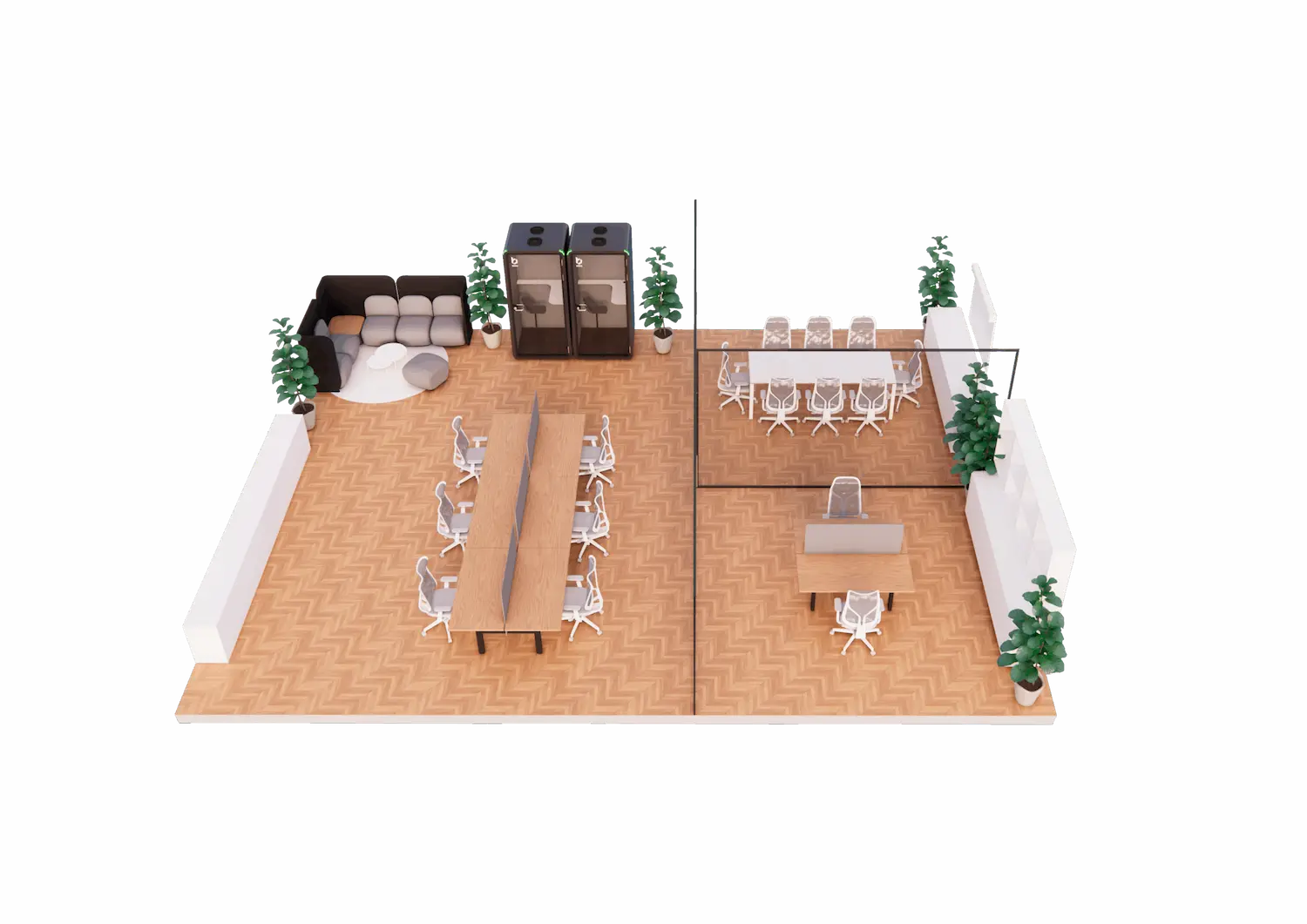 Top-down 3D render of an open-plan office layout with shared desks, a meeting table, glass-partitioned area, lounge seating, storage cabinets, and plants on a wood floor.”