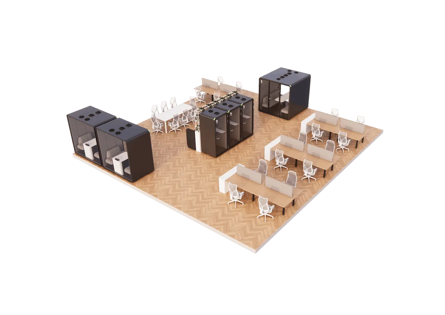 viewed from the left, showing shared desks, storage cabinets, and the central lounge seating area.
