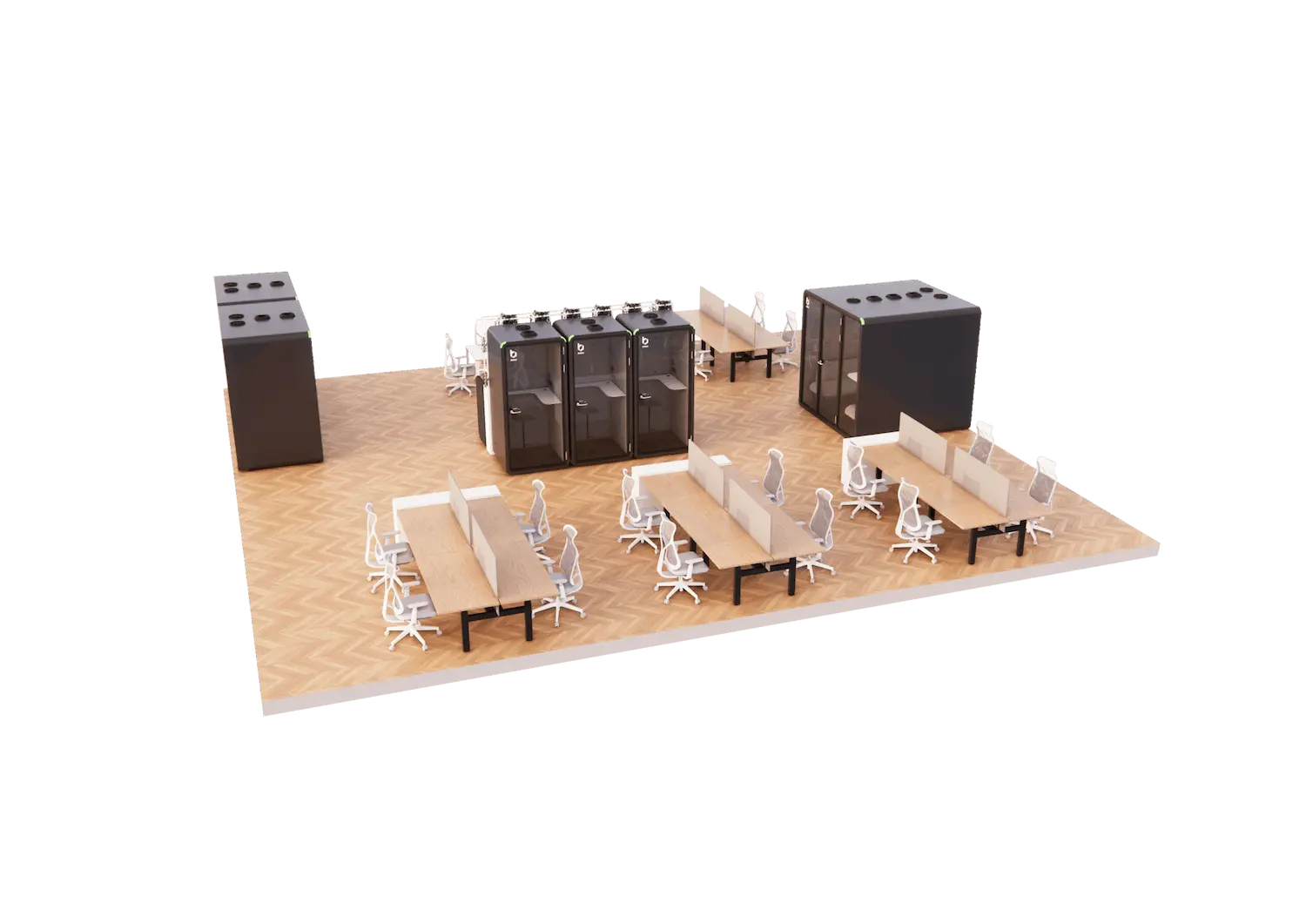 3D render of the open-plan office layout from a rear angle, showing desk clusters, white chairs, and the central lounge area.