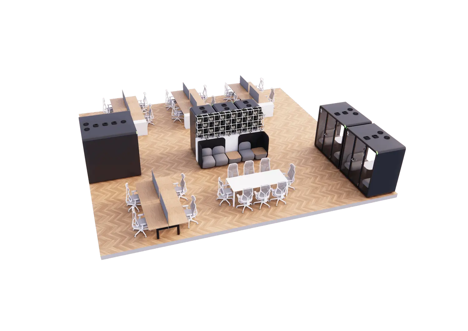 3D render of the same open-plan office layout viewed from the right, highlighting storage units, workstations, and the central seating area.