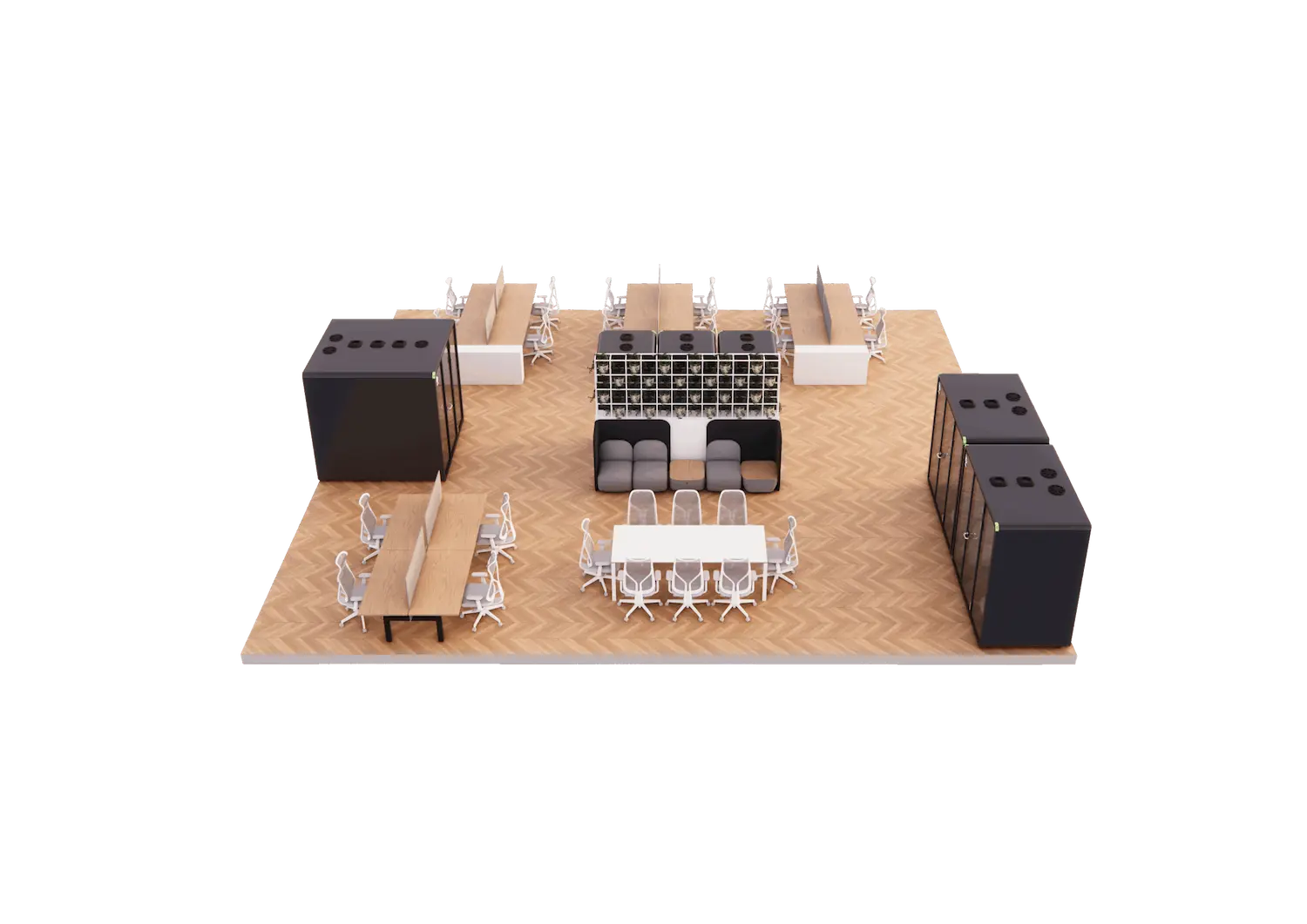3D render of an open-plan office layout with shared desks, white chairs, storage cabinets, and a central lounge seating area on a wood floor.