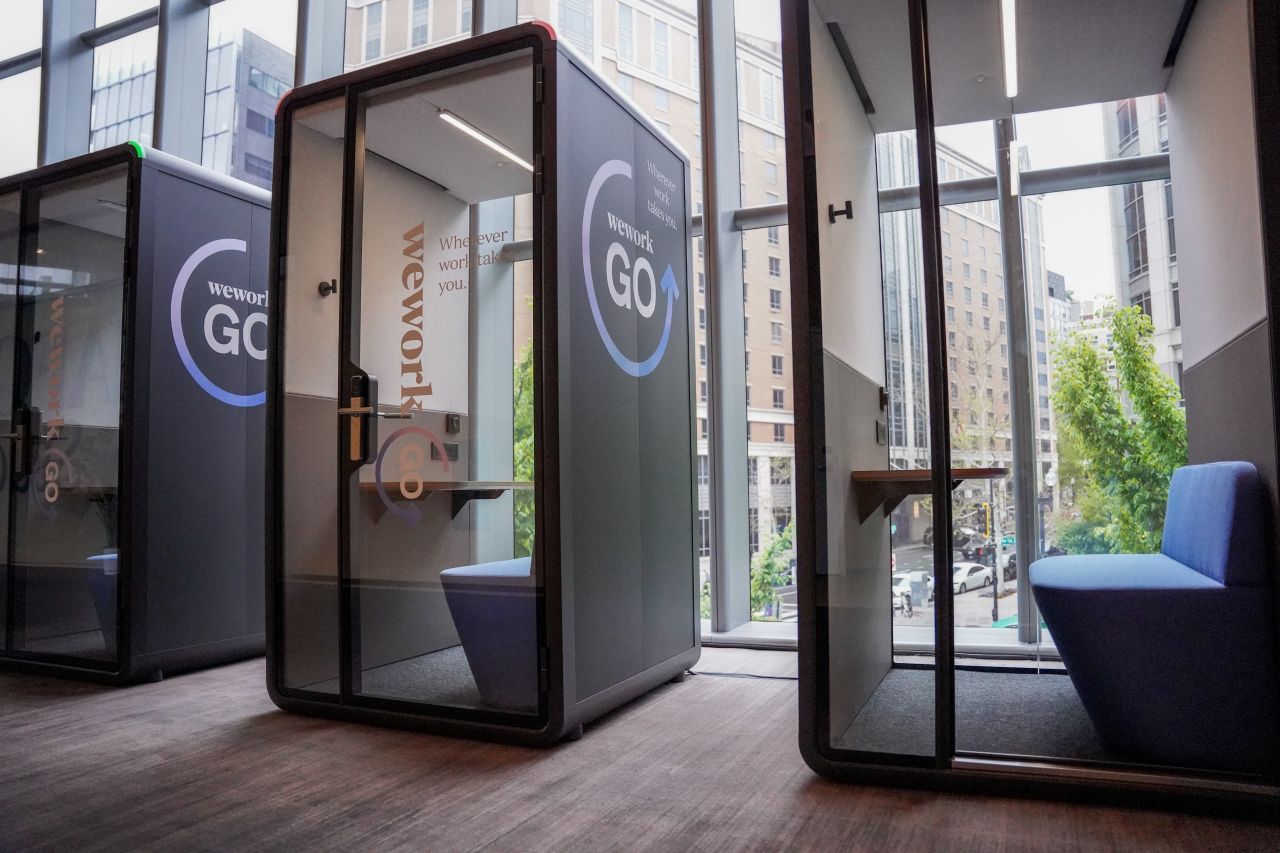Bureau booths co-branded with WeWork Go, installed in a real WeWork space