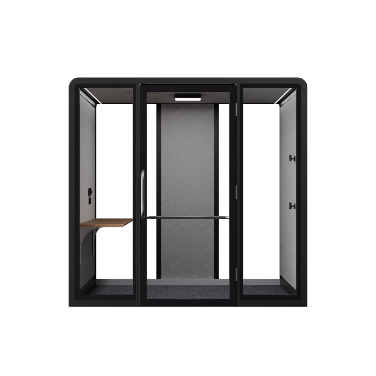 Bureau Focus Accessible booth render, Domino Black, focus configuration with fixed full-width desk