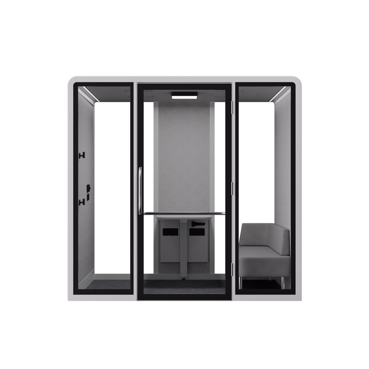 Bureau Meet Accessible booth render, Cloud White, meeting configuration with fold-down table and sofa seating